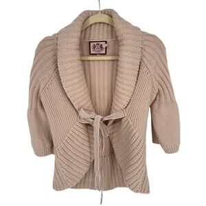 Juicy Couture Vintage Y2K Wool Cardigan Velvet Tie Front 3/4 Sleeves Beige M